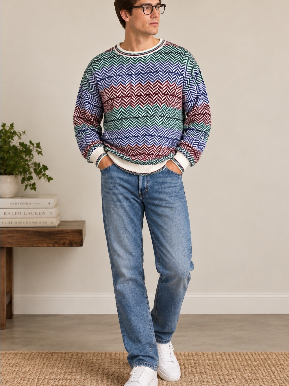 Vintage Christian Dior Monsieur Men’s XL Geometric Cotton Sweater Made in USA